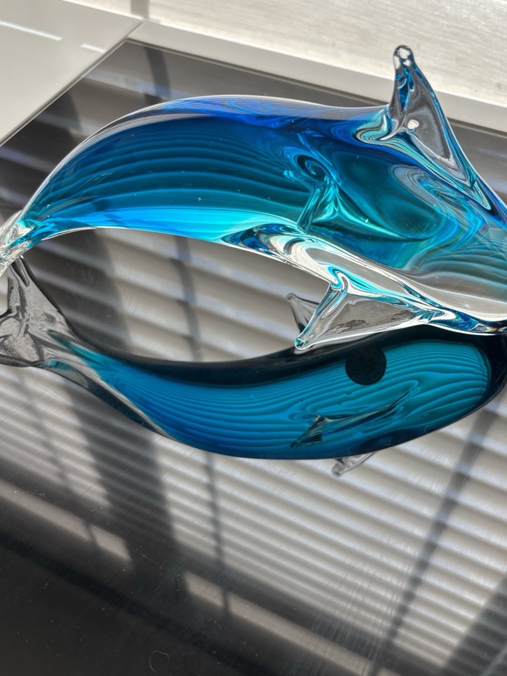 Art Glass Blue Dolphin Sculpture - Handcrafted Home Accent